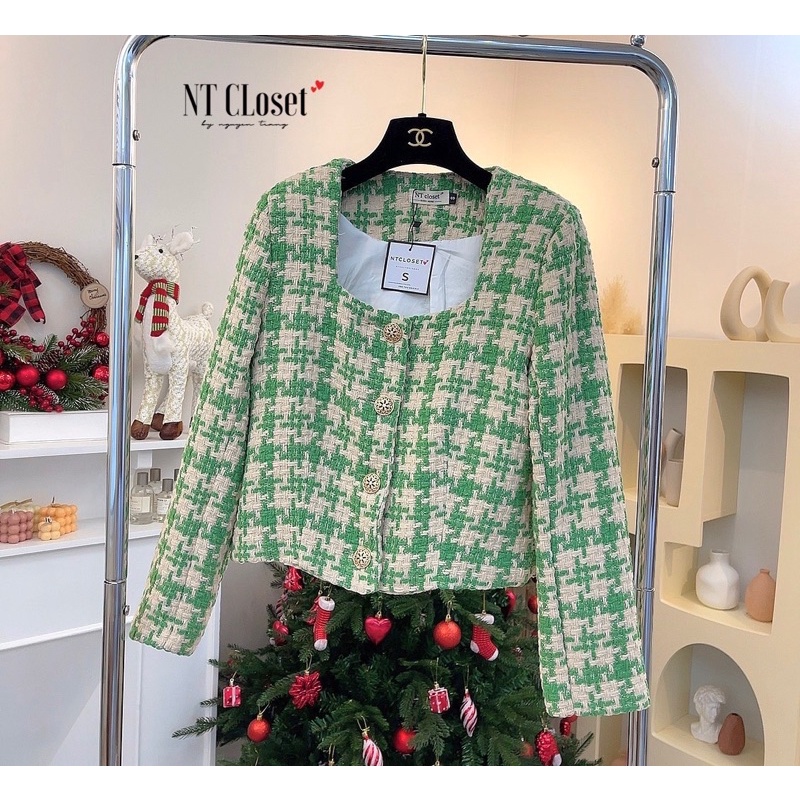 Áo khoác dạ tweed kẻ xanh cổ vuông chuẩn NT closet (sẵn) | BigBuy360 - bigbuy360.vn