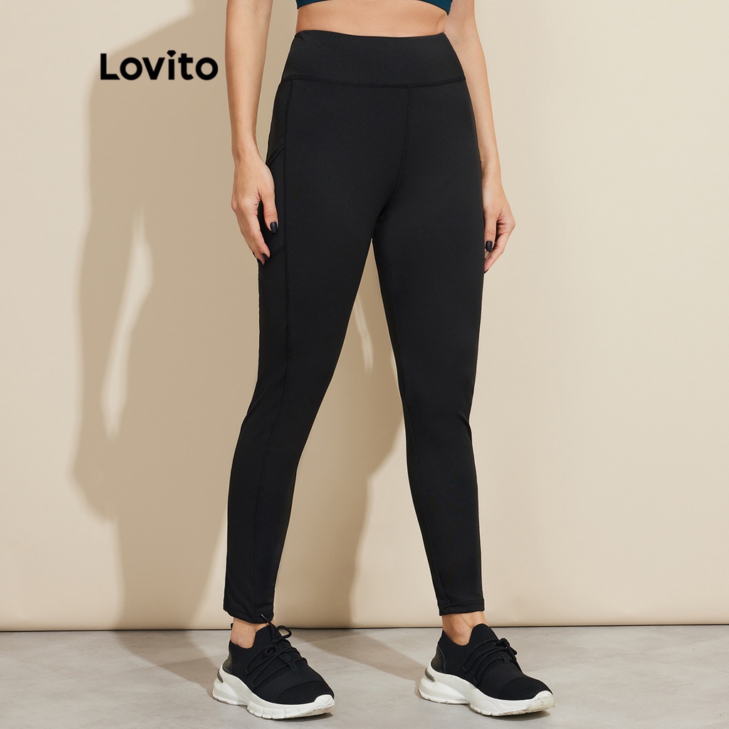 Quần legging Lovito màu trơn có túi lộ mắt cá chân phong cách thể thao cơ bản phù hợp tập Yoga L18X700 (Màu đen)
