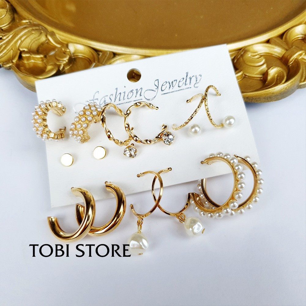 Ảnh shop chụp - Bộ bông tai nữ set bông tai cao cấp 18 chiếc mạ vàng nhiều kiểu dáng sang trọng TB255 - TOBI'SHOP