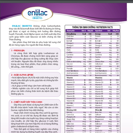 Enlilac Diabetes - Sữa bột dành cho người tiểu đường - Lon 900g