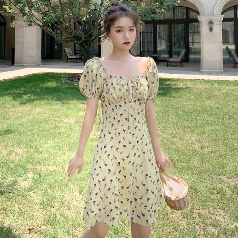 Đầm Tay Ngắn Cổ Vuông Họa Tiết Hoa Xinh Xắn Phong Cách Retro Hàn Quốc