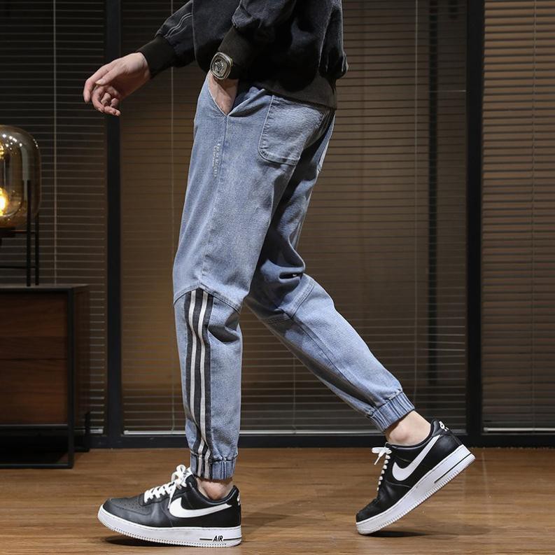 Quần Jean jogger (bò) nam phong cách Hip-hop hơi hướng Hàn Quốc họa tiết kẻ sọc