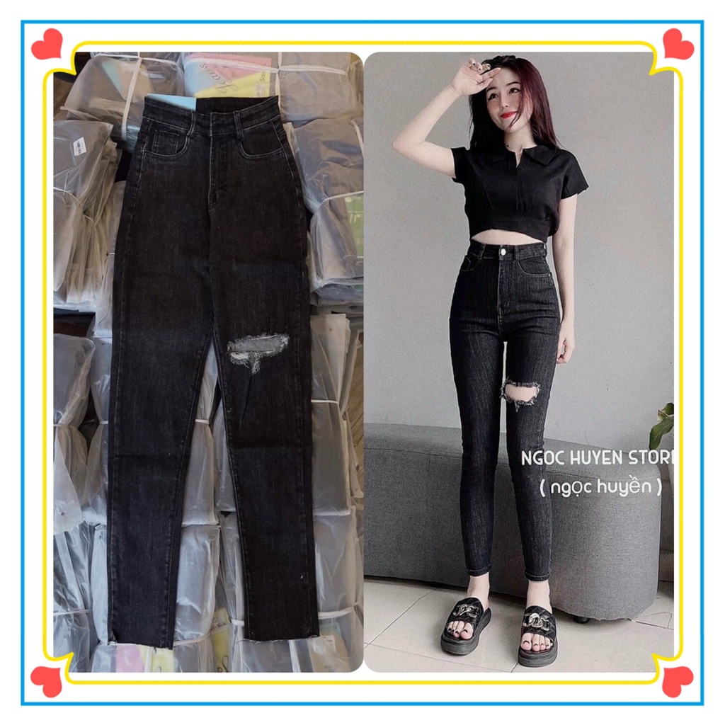 [ FreeShip ] Quần Jean Nữ Lưng Cao Có Dãn- Quần Jean Ôm Rách Gối Siêu Đẹp - Jeans Fashion93