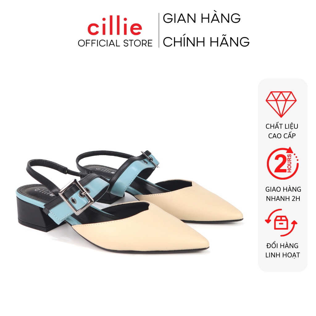 Giày cao gót nữ thời trang mũi nhọn hở gót phối dây mới lạ cao 3cm đi chơi đi làm Cillie 1027