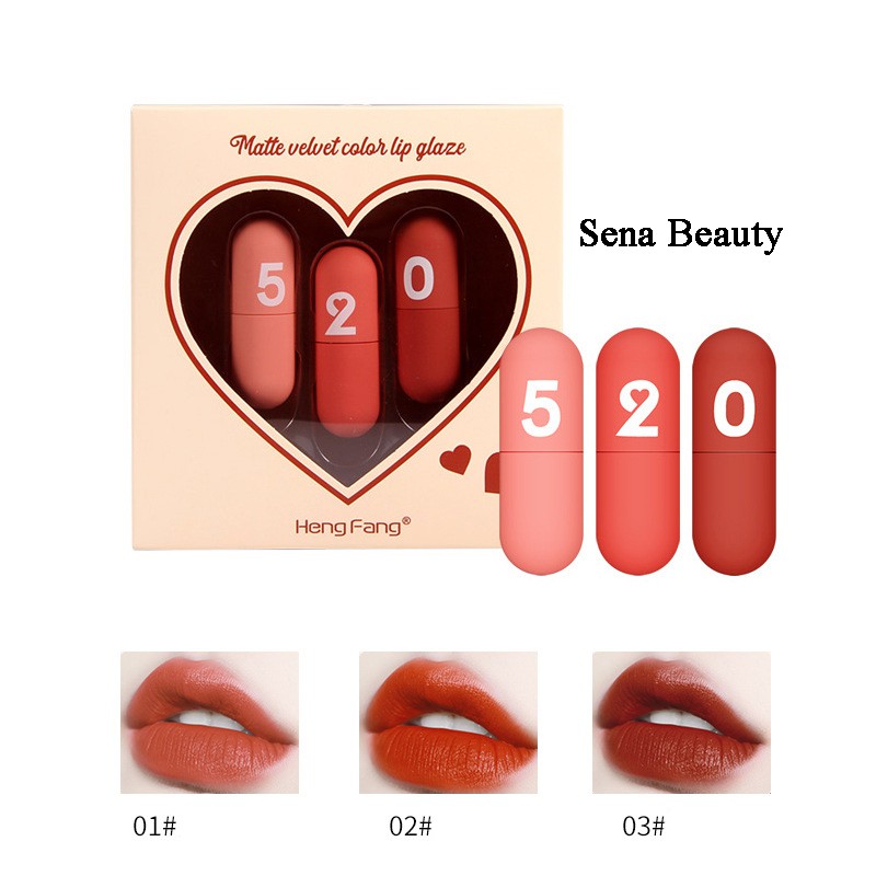 Set Son Kem Heng Fang 520 Matte Velvet Color Lip Glaze 3 Cây