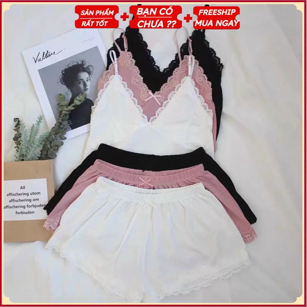 PVN12421 Bộ đồ lót ngủ, đồ mặc nhà ren tăm 2 dây T2