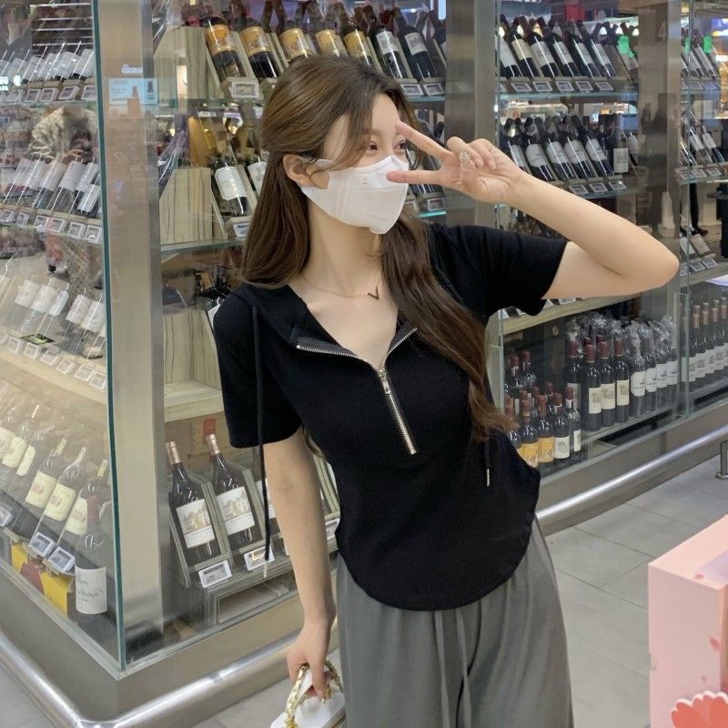Áo Hoodie Tay Ngắn Màu Trơn Thời Trang 178569 Áo Thun Tay Ngắn Dáng Ôm Dễ Phối Đồ Hợp Thời Trang
