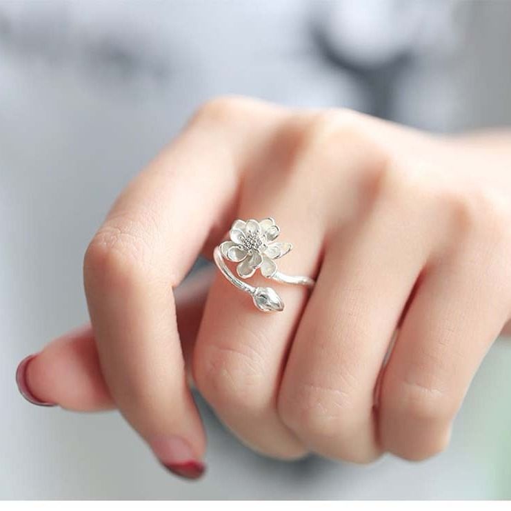 Miyan S925 Bạc Cổ Nguyên Bản Hoa Sen Handmade Nhẫn Mở Nhẫn Tươi Đơn Giản Hoa Nhẫn Bạc