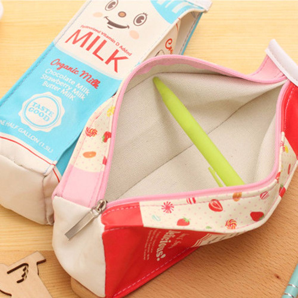 Túi Đựng Bút Bằng Da Pu Chống Thấm Nước In Hình Hộp Sữa Dễ Thương Sáng Tạo