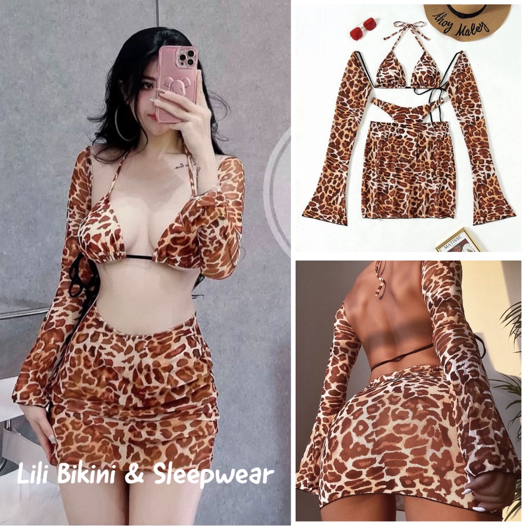 Bikini Âu Mỹ hoạ tiết da beo sexy gợi cảm 4 mảnh kèm tay dài chống nắng và váyche kín đáo hàng cao cấp