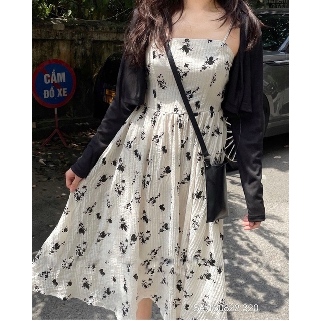 Váy 2 Dây Hoa Nhí Dáng Dài Kèm Áo Cardigan Ngắn AS02