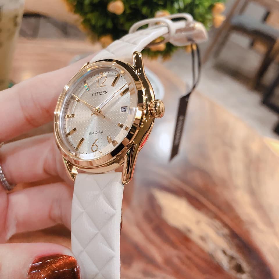 Đồng hồ nữ chính hãng Citizen FE6082-08P - Máy Quartz Pin Eco Drive năng lượng mặt trời - dây da màu trắng kem