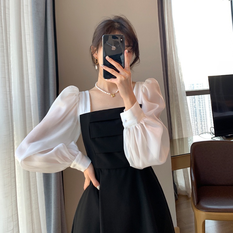 Đầm Đen Dài Tay Cổ Vuông Phong Cách Pháp Thời Trang Mùa Thu Cho Nữ