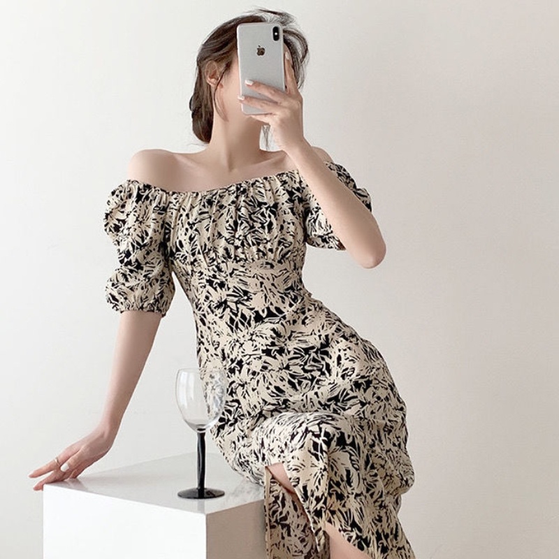 Đầm Trễ Vai Lưng Cao Họa Tiết Chấm Bi Thời Trang Mùa Hè Cho Nữ
