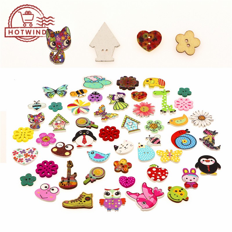 Set 50 nút gỗ 2 lỗ hình động vật hoạt hình dễ thương dùng làm đồ thủ công