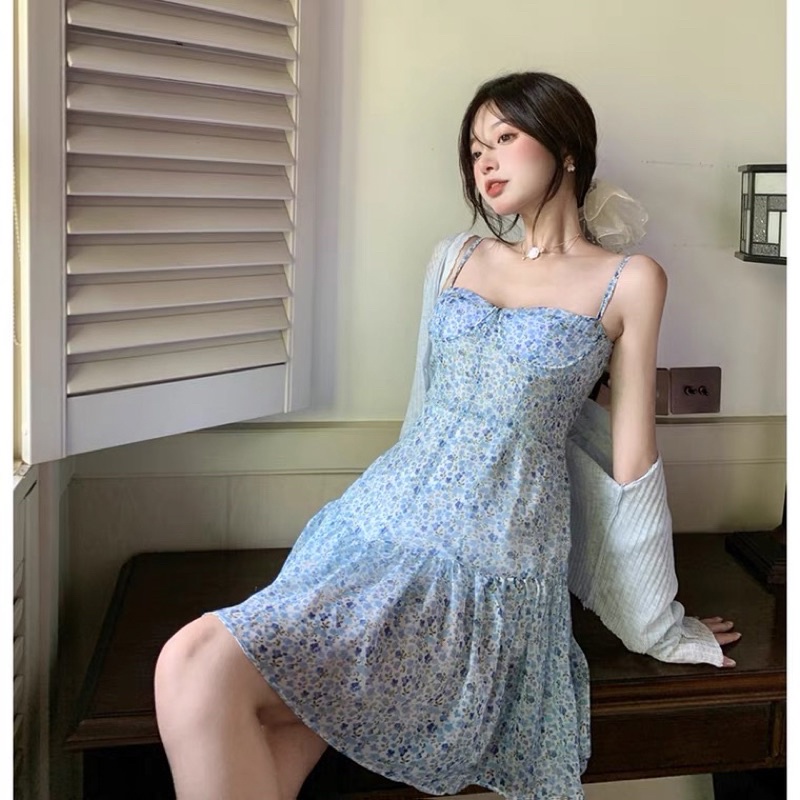 Váy 2 dây hoa nhí màu xanh, đầm hoa nhí 2 dây màu xanh lam