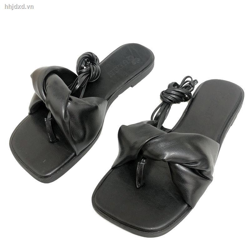 Dép buộc dây đế bệt mũi vuông phong cách Hàn Quốc thời trang mùa hè 2021 mới