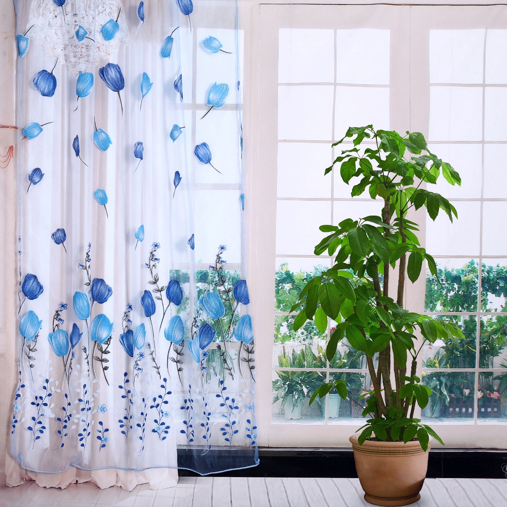 Rèm cửa vải voile họa tiết hoa tulip dùng cho trang trí xinh xắn 100x200 cm