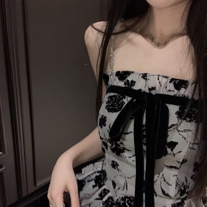 Đầm hoa hai dây ZHELIHANGFEI thắt nơ dáng ngắn thời trang quyến rũ cao cấp