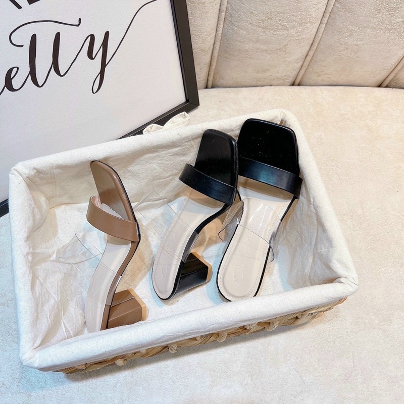 Dép cao gót nữ gót vuông 6p 2 quai (1 trong,1 da) mẫu mới