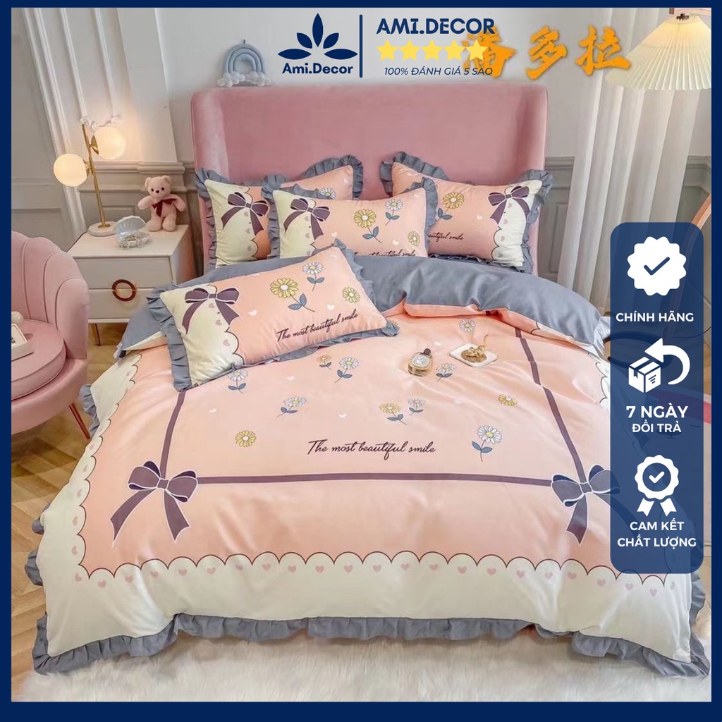 Bộ chăn ga gối cotton 4 món nhập khẩu viền bèo xinh xắn, chất cotton dầy dặn thoáng khí, miễn phí may ga giường