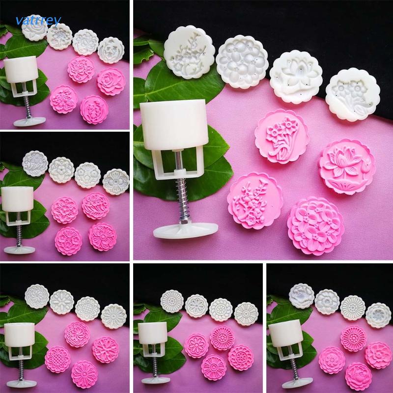 Khuôn Làm Bánh Trung Thu + 4 Con Dấu In Hình Hoa Tiện Dụng Va 75g