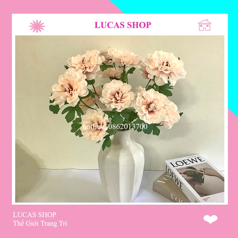 Hoa Giả- Hoa Cúc Thược Dược 65cm Cành 3 Bông Cao Cấp, Decor Nhà Cửa, Studio...