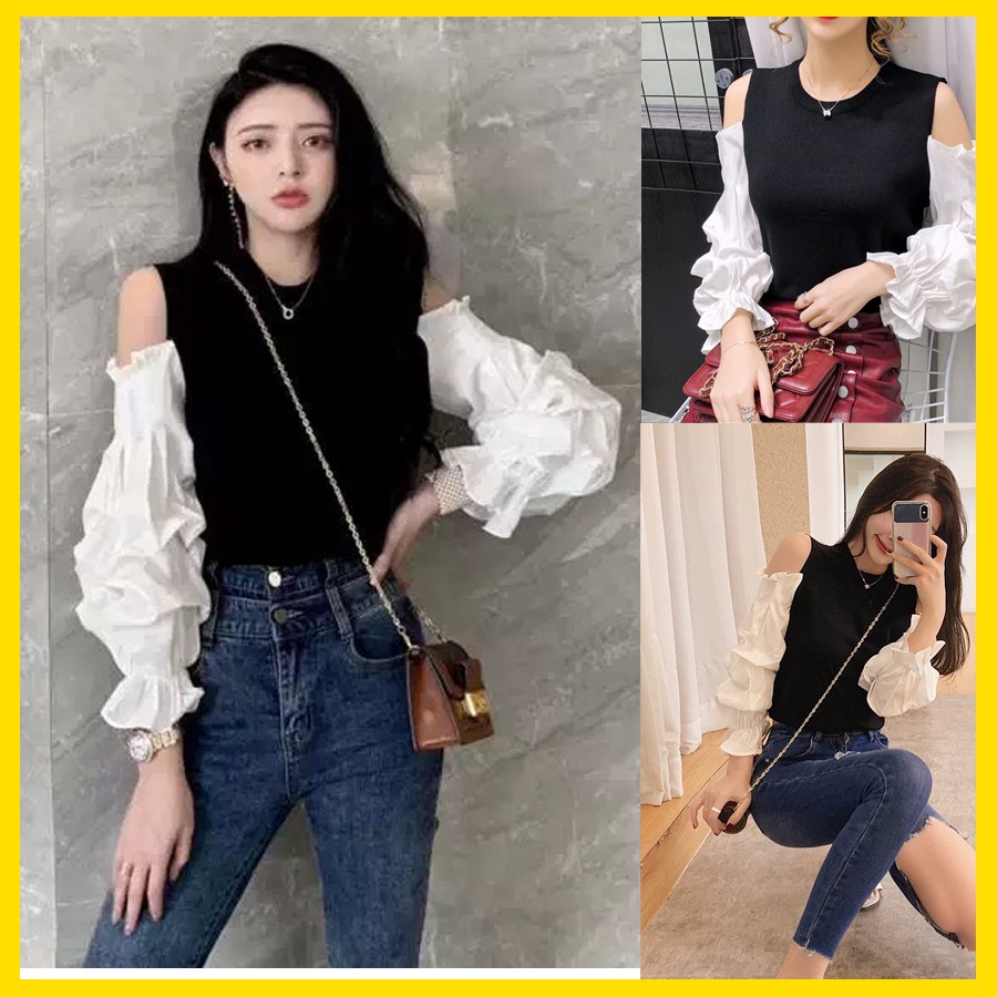 Áo thun kiểu khoét vai phối tay phồng, phong cách mới trẻ trung tươi tắn hàng đẹp mà giá rẻ tại Thời Trang VADA - AT0079 | BigBuy360 - bigbuy360.vn