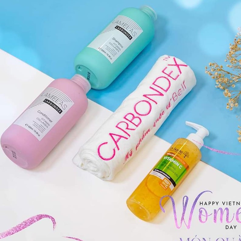 ( MẪU MỚI XANH + VÀNG )Bộ sản phầm gồm Dầu gội xả Carbondex Lamelas 500ml + gel rửa mặt+ khăn