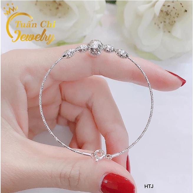 Vòng Tay Bạc Nữ Dáng Kiềng Mảnh Đẹp, Kết Hợp Bi Phay Sáng Bóng