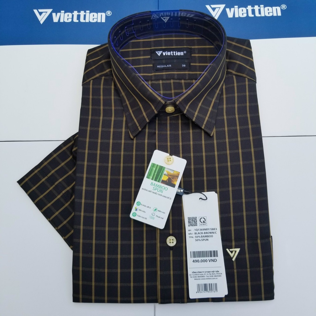Aó sơ mi nam Việt Tiến ngắn tay tà bầu mã 1Q1369NT4 chính hãng, cao cấp - form suông REGULAR - tà bầu , họa tiết caro