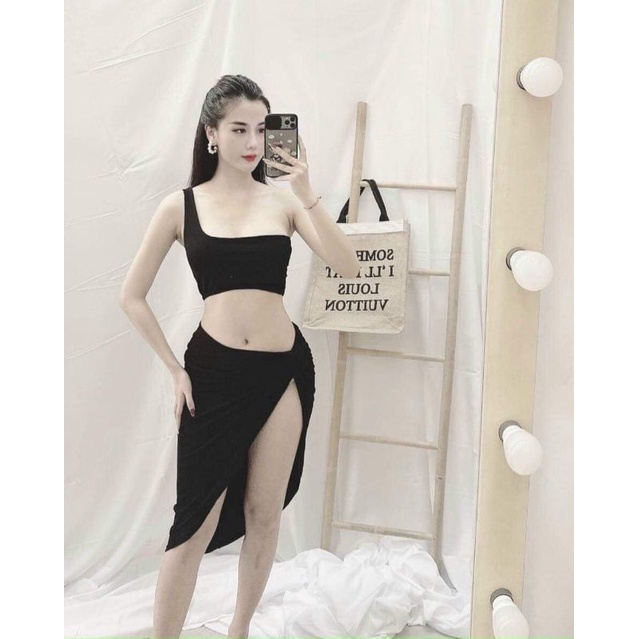 Bikini nữ đồ bơi bộ bơi đi biển set 3 món áo lệch vai váy xoắn dài qua gối  EVA S3MVX