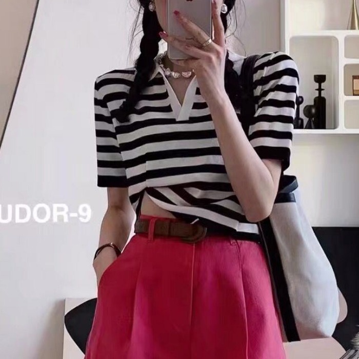 Áo thun polo NZN ngắn tay ôm dáng họa tiết kẻ sọc thời trang mùa hè phong cách Hàn Quốc cho nữ