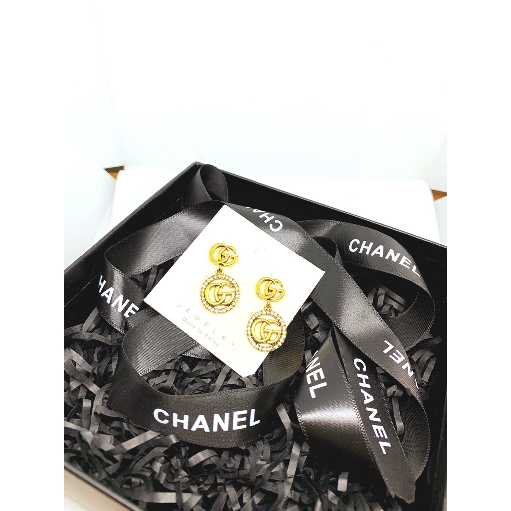 Khuyên tai nữ thương hiệu GG thả dài đính đá mạ vàng sanh chảnh TB459 TOBI STORE