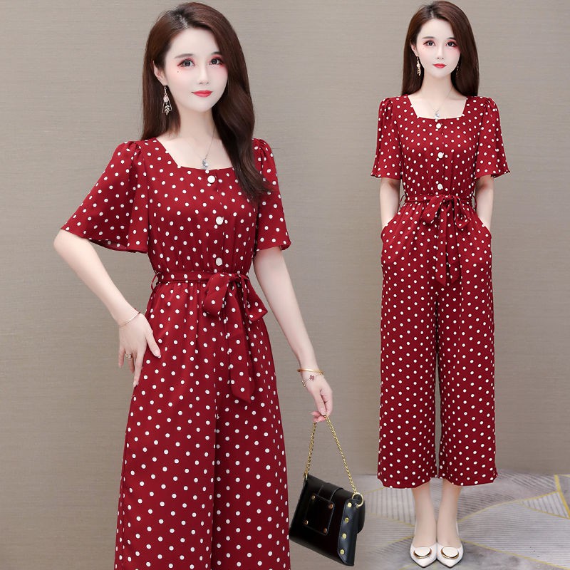 Chấm bi voan nữ jumpsuit ngắn tay lửng ống rộng quầnQ