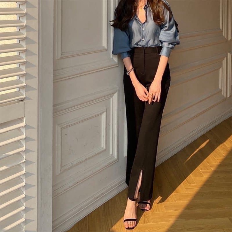 Quần ống loe xẻ gấu chất vitex tuyết mưa phong cách hàn quốc ulzzang babydoll bánh bèo nội y xanh