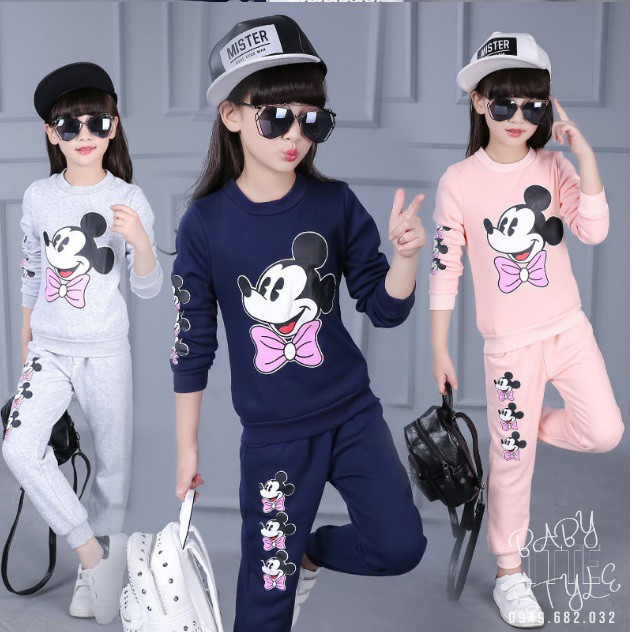 Bộ quần áo thu đông cho bé gái 14-45kg &quot;MICKEY&quot;. Bộ dài tay cho bé 4-14 tuổi. Chất nỉ dày dặn, ấm áp. G30
