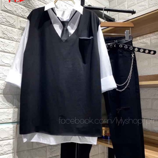 Sét áo gile rách ngực + sơ mi cavat HD11