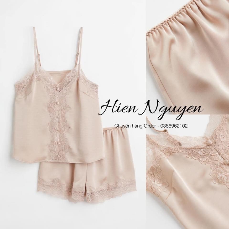Bộ ngủ lụa satin hai ren H-M đồ ngủ