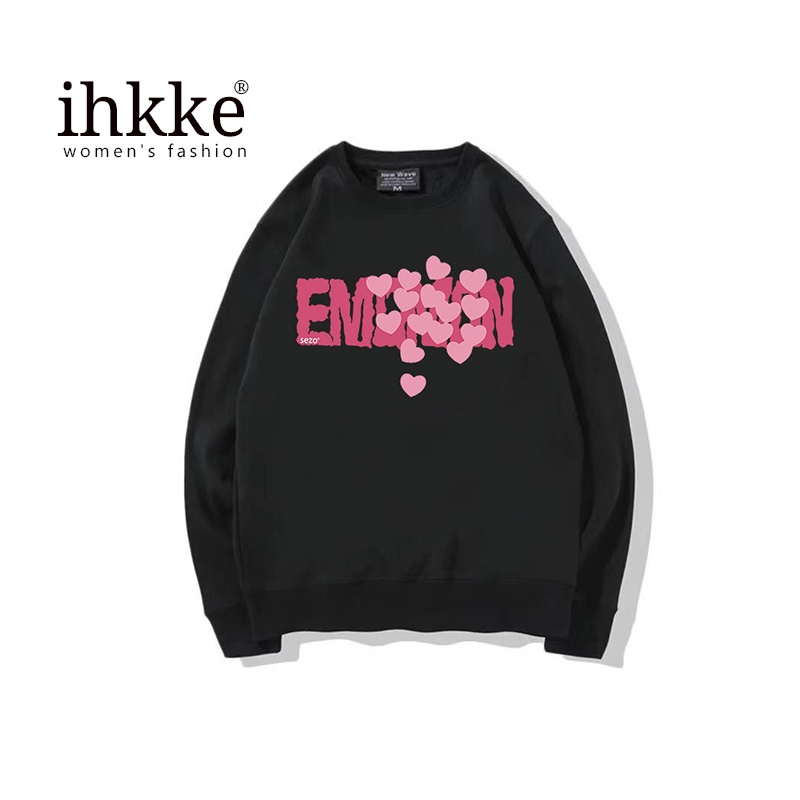 Áo sweater Ihkke cổ tròn dáng rộn màu đen in chữ thời trang cho nữ