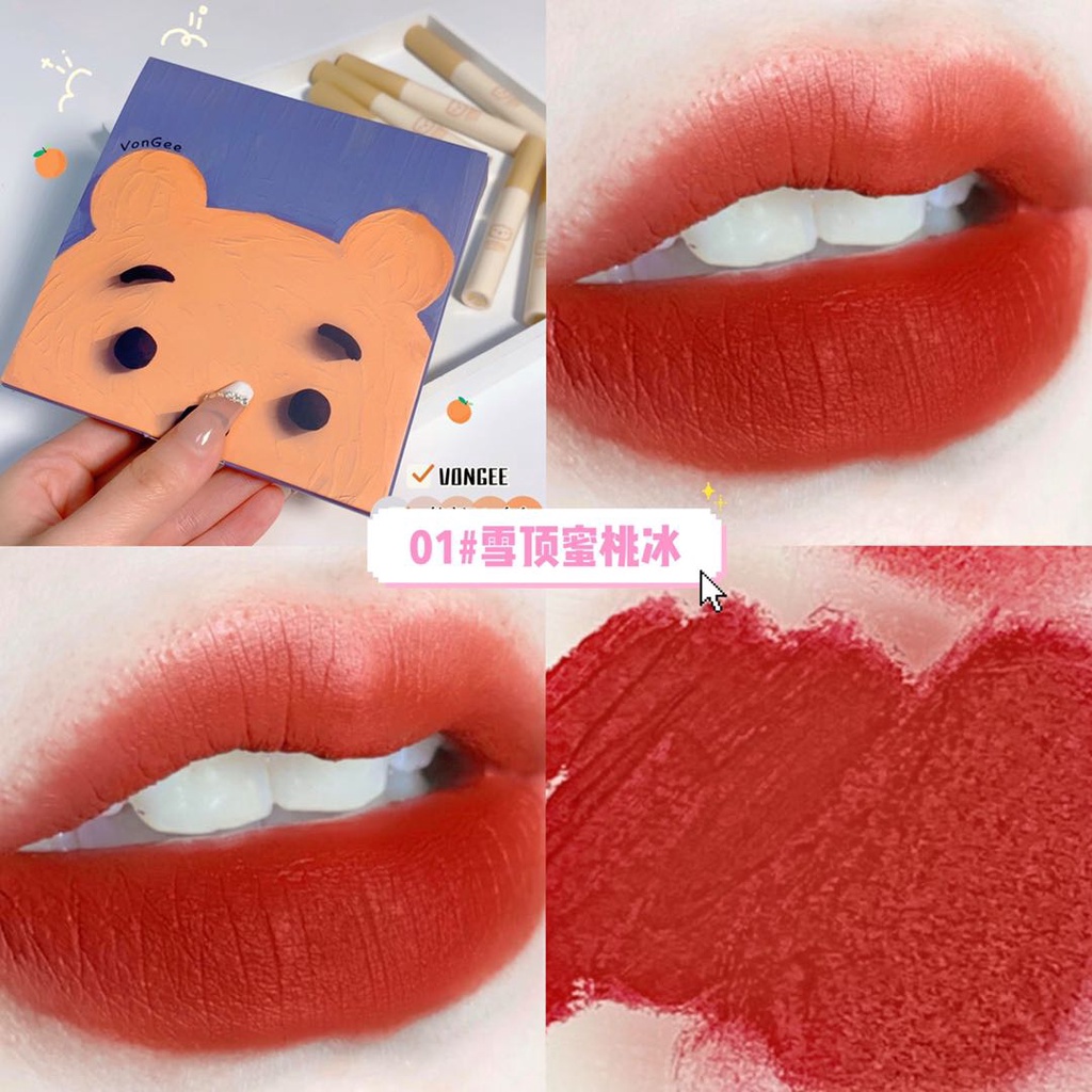 Bộ 4 thỏi son kem lì VONGEE kết cấu mềm kháng nước lâu trôi thiết kế họa tiết gấu màu cam | BigBuy360 - bigbuy360.vn