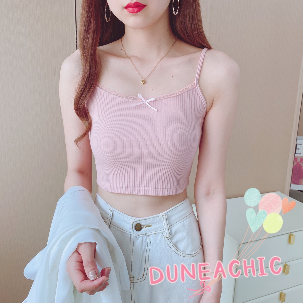 DUNEA Áo Hai Dây Phối Ren Hoa Ngọt Ngào Thời Trang Mùa Hè Cho Nữ