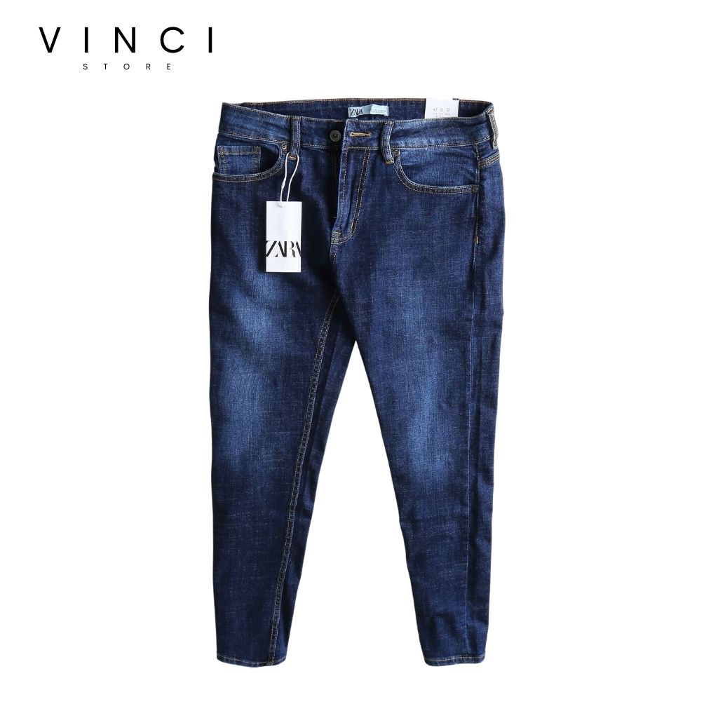 Quần Jean Nam  ZR xanh trơn slim fit ống côn co dãn vnxk