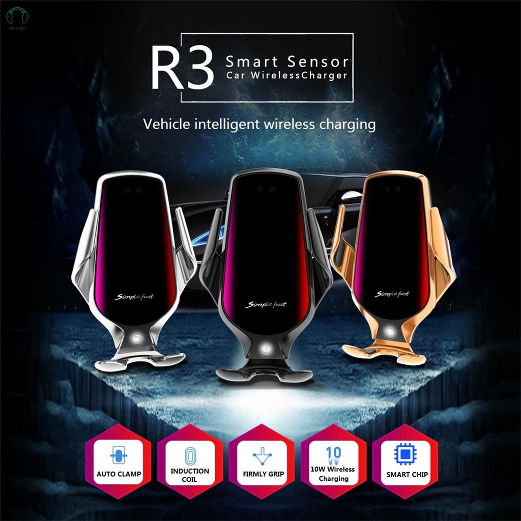 R3 Wireless Charger 10W / 7.5W / 5W Fast Charge Type-C Wireless Charging Auto Clamp Phone Mount Car Charger with Cable Ai