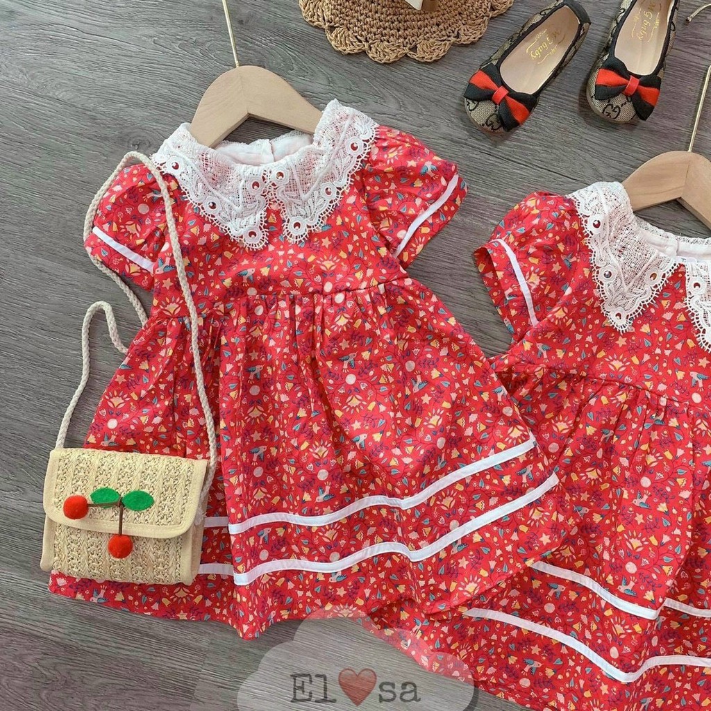 VÁY CỔ REN HOA NHÍ MÀU ĐỎ CHO BÉ GÁI 7-18Kg