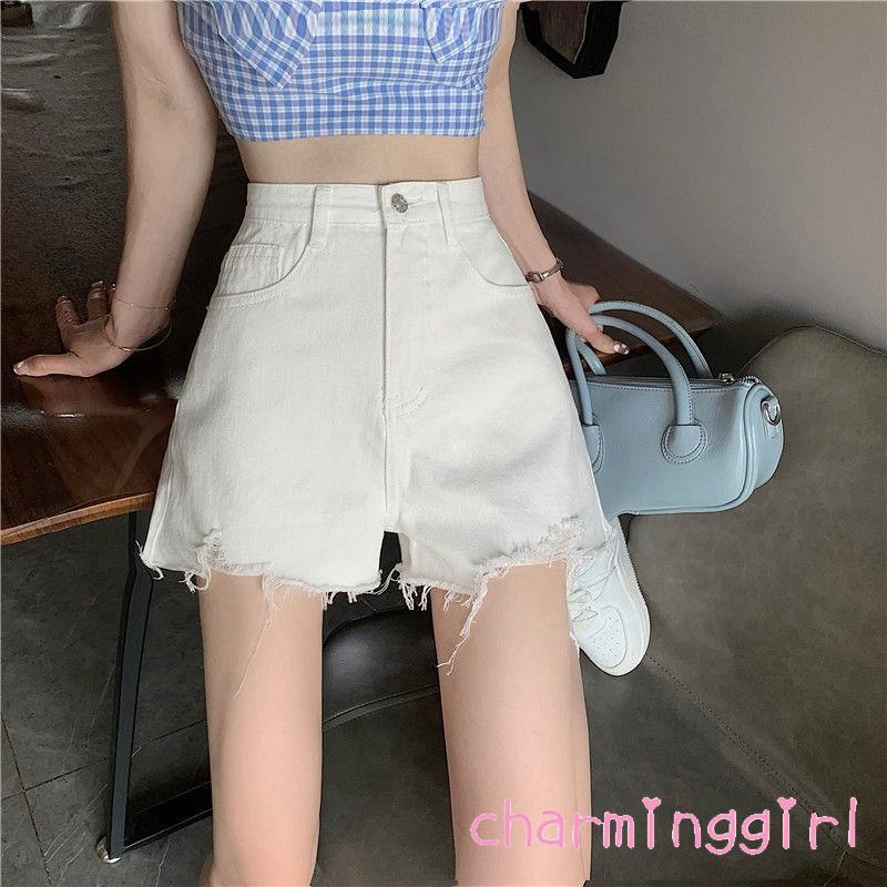 Quần short denim lưng cao ống rộng rách gối thời trang cho nữ