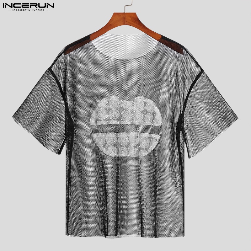 Áo thun INCERUN ngắn tay phối ren xuyên thấu họa tiết đôi môi quyến rũ cho nam