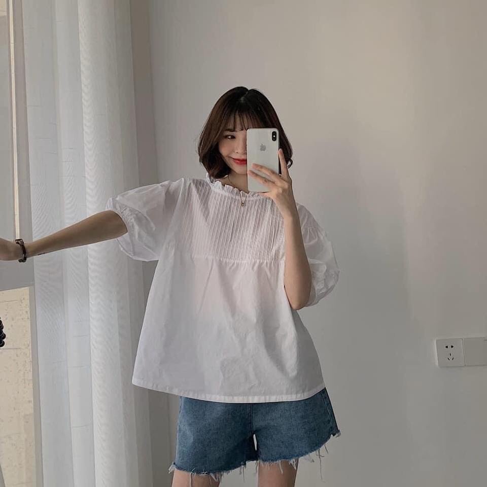 Áo sơ mi nữ cộc tay xếp ly cổ bèo tay phồng màu trắng freesize học sinh phong cách hàn quốc wikishopC477