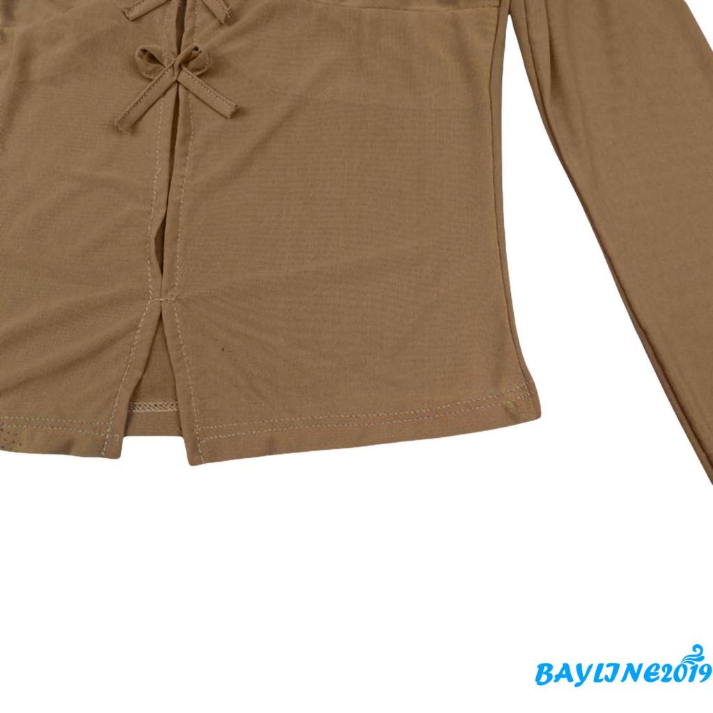 Áo Croptop Tay Dài Màu Trơn Phối Nơ Thời Trang Cho Nữ