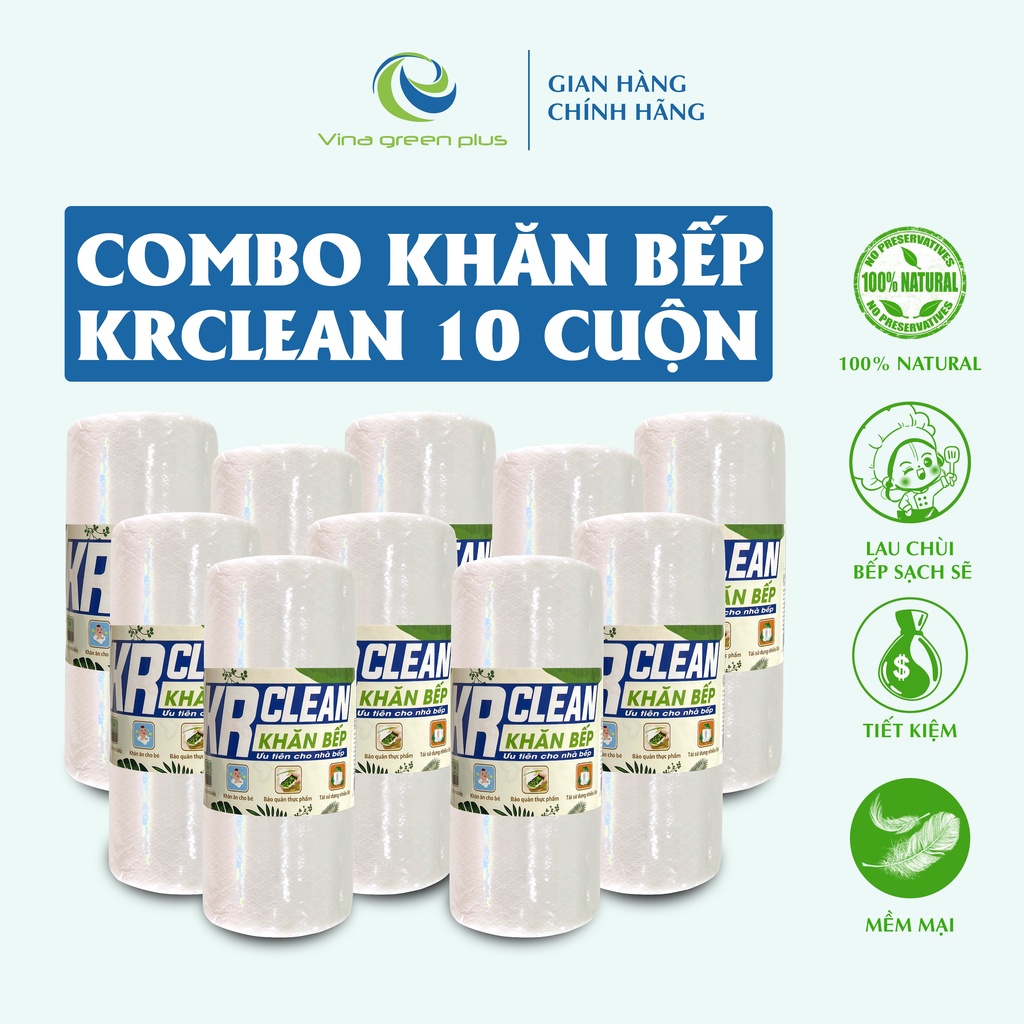 Combo 10 Cuộn khăn lau đa năng Trắng KR Clean 100 tờ khổ 20x25 - Giấy lau tay loại 1